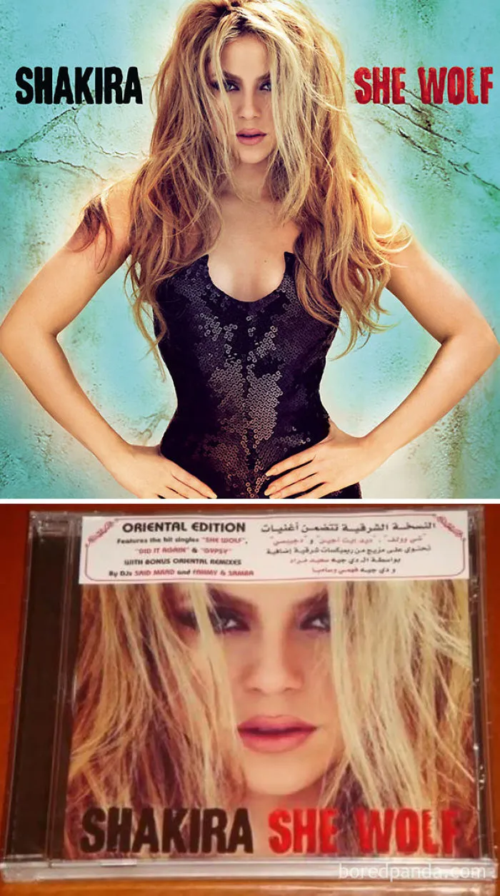 Western vs. Middle-East album cover: Shakira's "She Wolf" in different editions.