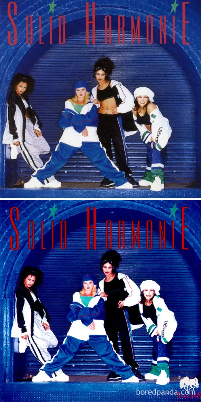 Solid HarmoniE group posing in sporty outfits, showcasing differences in image presentation between West and Middle-East.