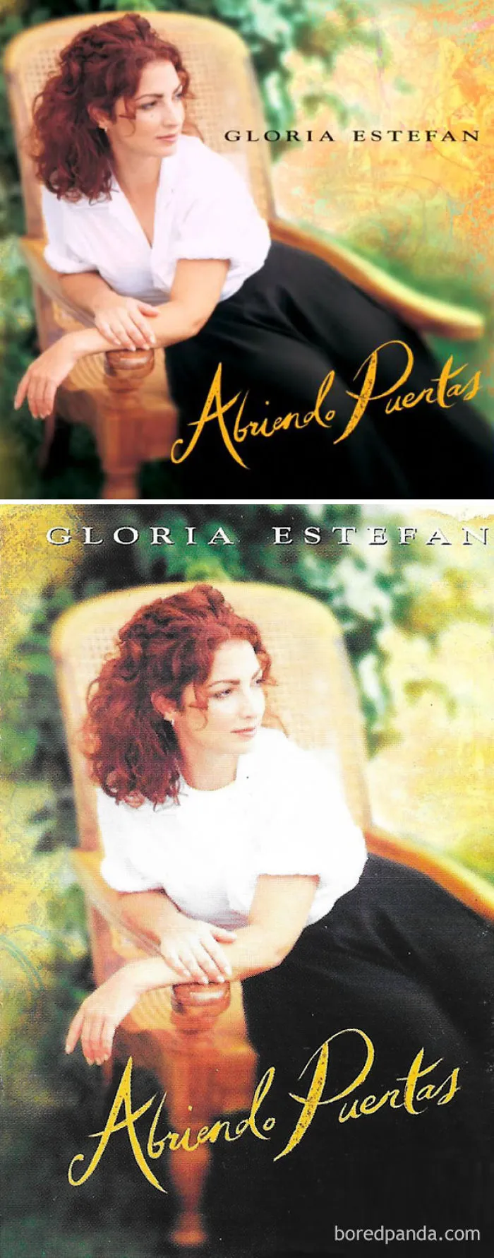 Different versions of the same music album cover with text in English and Spanish.
