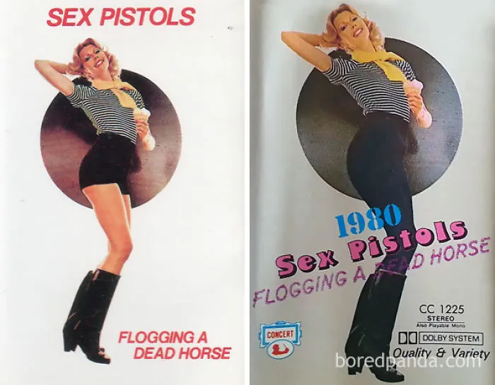 Album cover comparison: Western vs Middle-Eastern design for "Flogging a Dead Horse" by Sex Pistols.