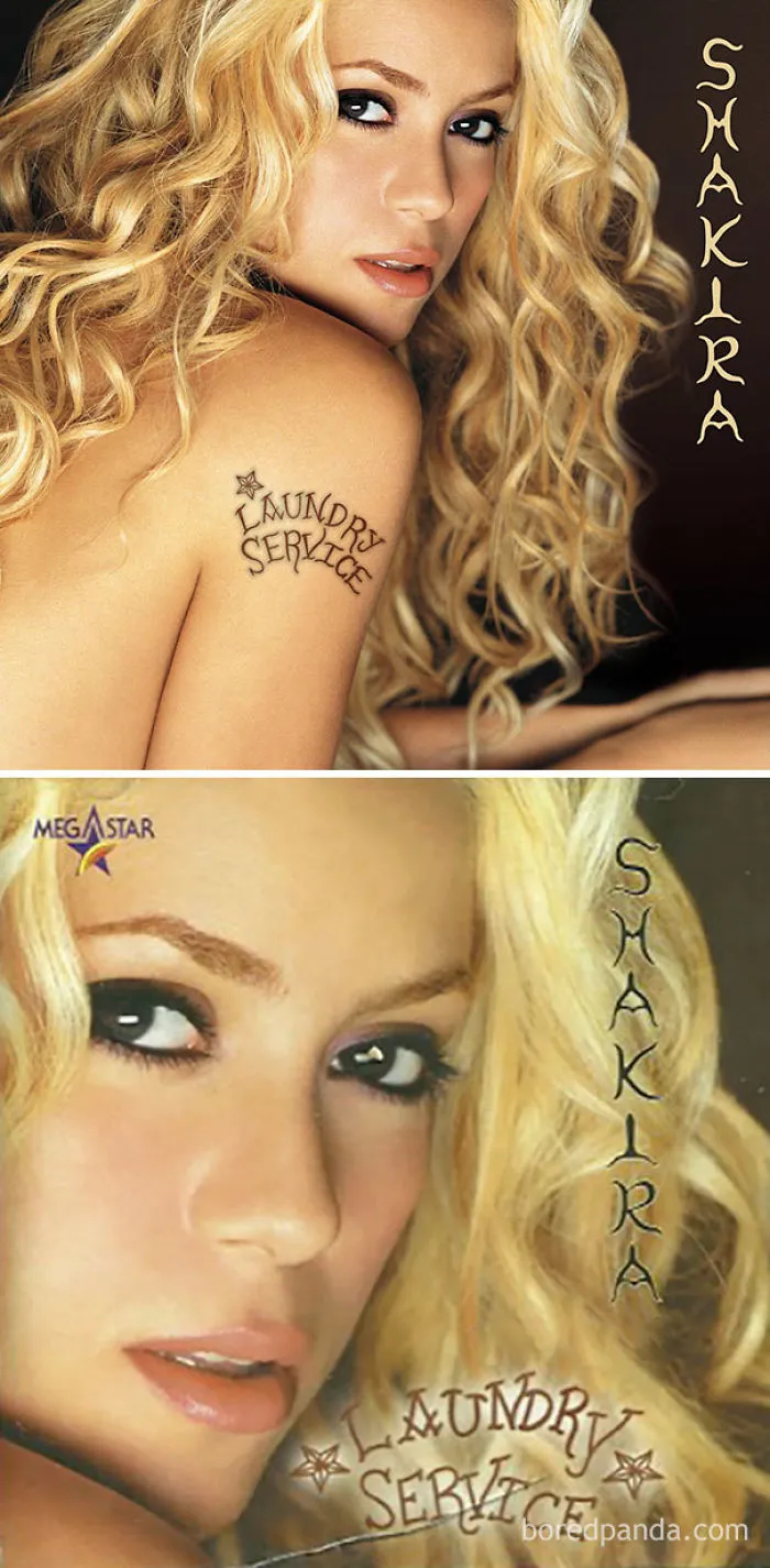 Blonde woman with "Laundry Service" tattoo, revealing different cover styles in the West vs. Middle-East.