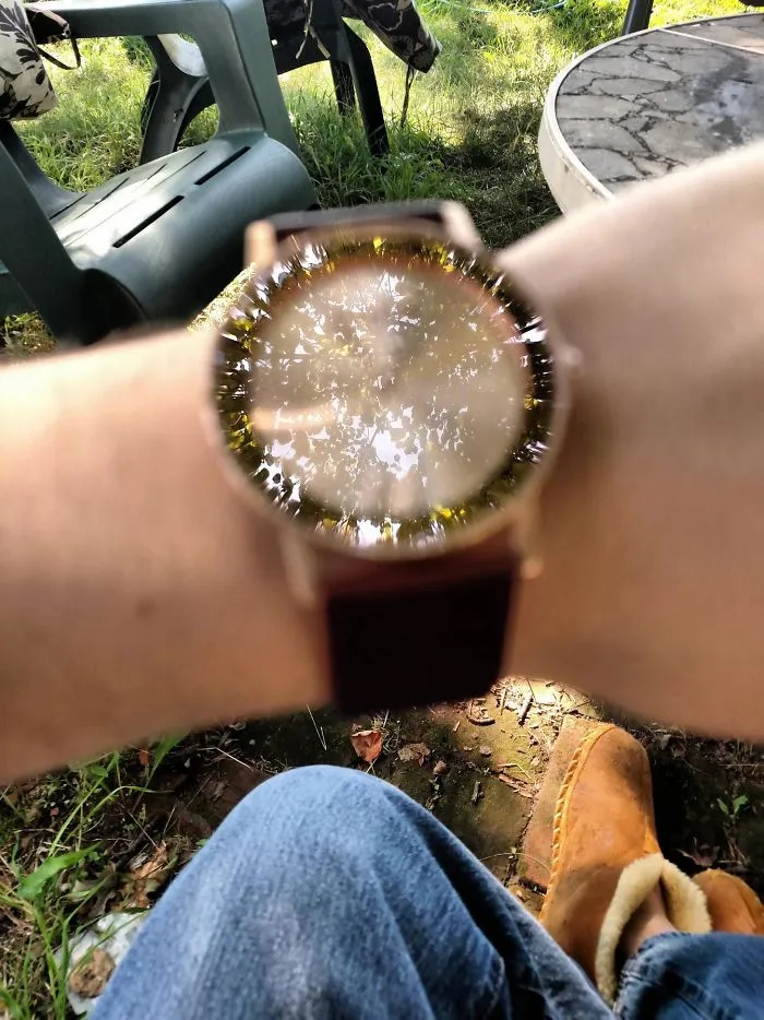 La cámara enfocó el reflejo del árbol en vez del reloj