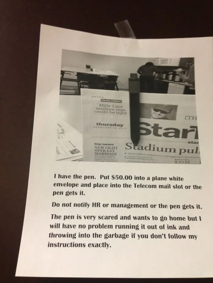 An Email Went Out Around The Office About A Lost Pen. This Appeared In The Break Room The Next Day