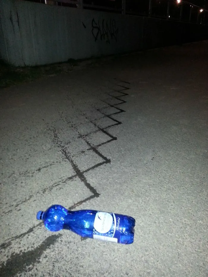 Yesterday I Droped My Waterbottle. This Is The Pattern It Made While Rolling Away