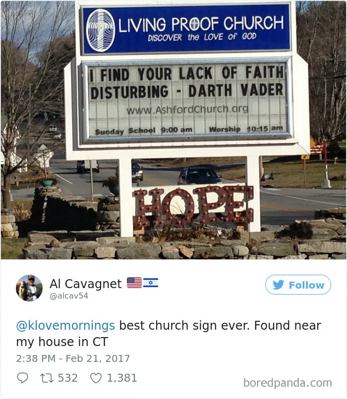 Funny church sign quoting Darth Vader, reads: "I find your lack of faith disturbing."