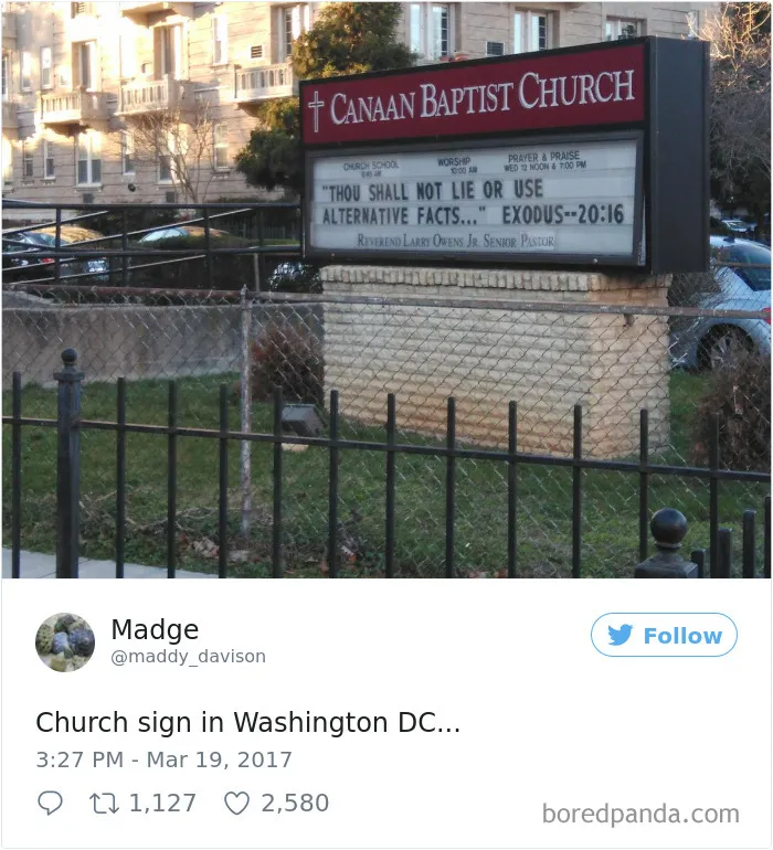 Funny church sign at Canaan Baptist Church humorously references "alternative facts" from Exodus 20:16.