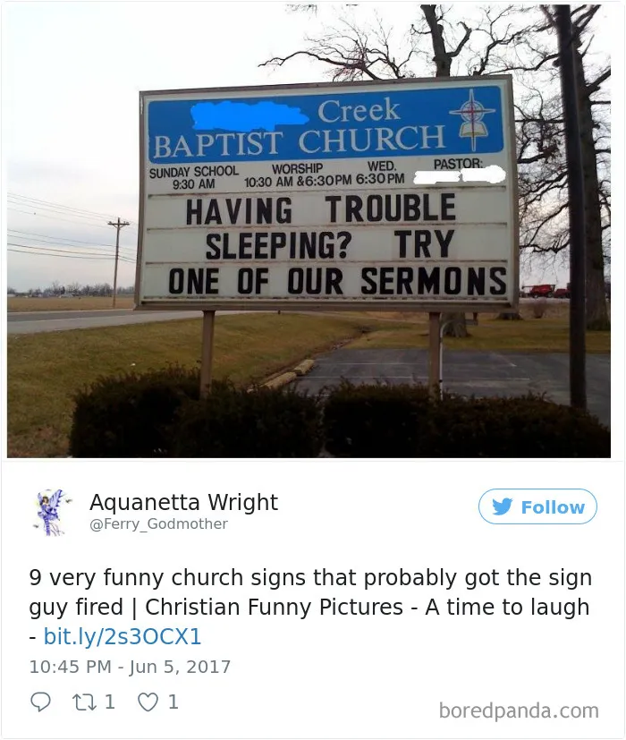 Funny church sign outside Creek Baptist Church reads: "Having trouble sleeping? Try one of our sermons."