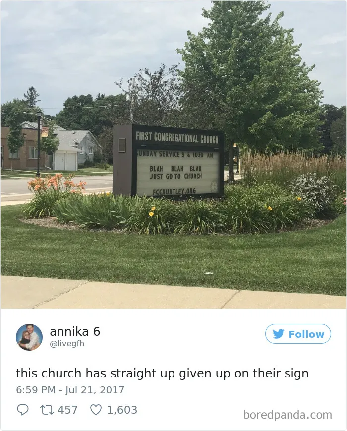 Funny church sign reads, "Blah Blah Blah Just Go To Church," outside First Congregational Church.