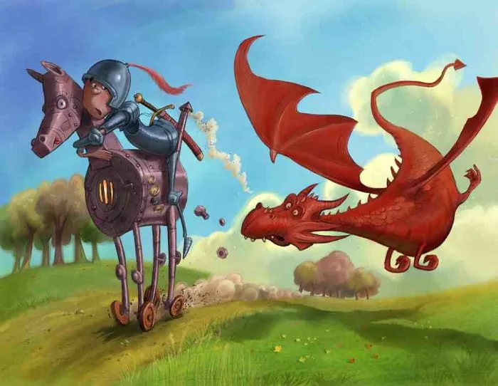 Knight Rides Steam Horse To Escape Dragon