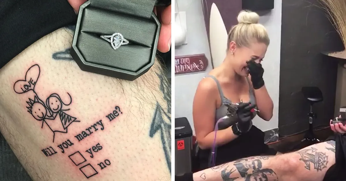 Este tatuador le pidió matrimonio a su novia de forma arriesgada: tatuándose casillas de "Sí" y "No" en su pierna