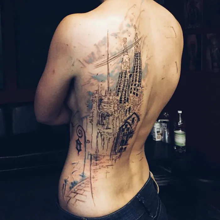 Back tattoo featuring intricate architecture design.