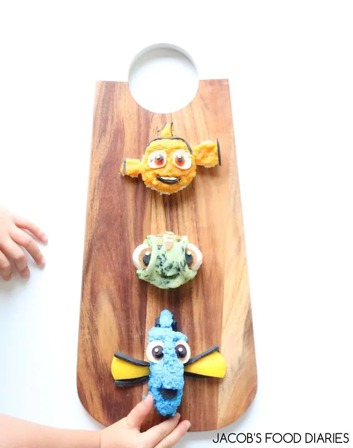 Nemo, Squirt & Dory From Finding Nemo - Lentils With Spinach Mash And Rice (dyed With Purple Cabbage)