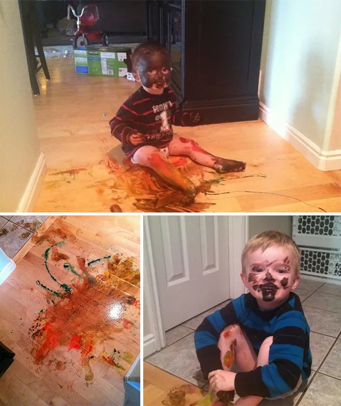 Kids create chaos with paint on floors and walls, faces covered in colors, showing hilarious outcomes when left alone.