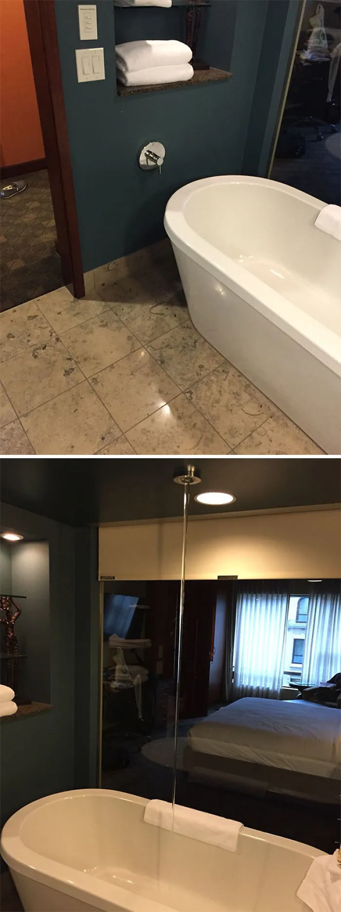 La bañera de la habitación se llena desde el techo