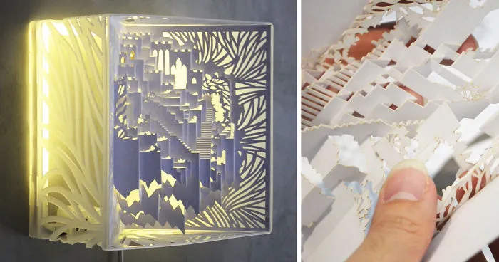 I Hand-Folded A 3D Castle That Turns Into A Cozy Lamp When Illuminated