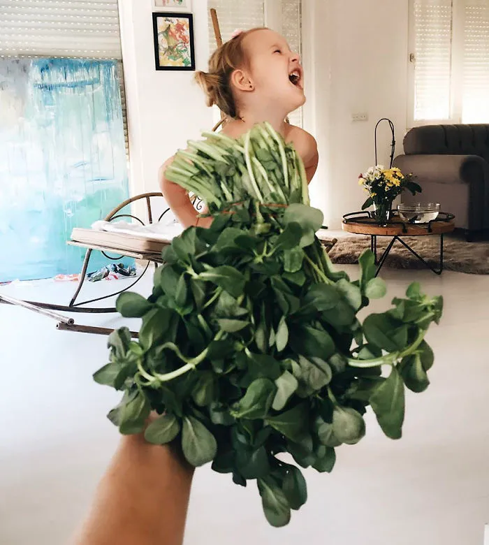 Mom "Dresses" Her Daughter In Food And Flowers Using Forced Perspective, Becomes Internet Star