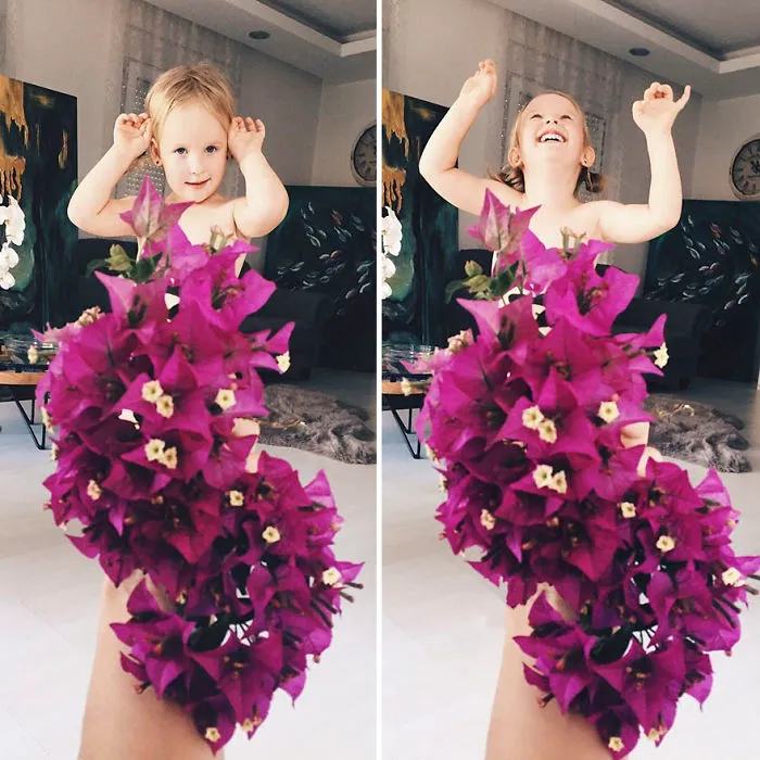 Mom "Dresses" Her Daughter In Food And Flowers Using Forced Perspective, Becomes Internet Star