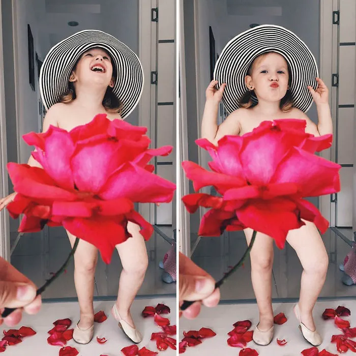 Esta madre "viste" a su hija con flores y comida usando la perspectiva forzada, y triunfa en internet