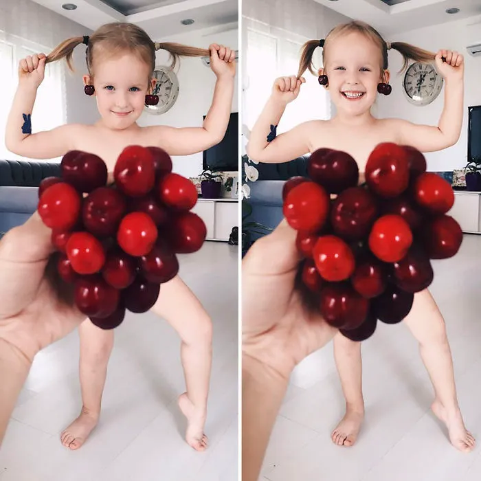 Mom "Dresses" Her Daughter In Food And Flowers Using Forced Perspective, Becomes Internet Star
