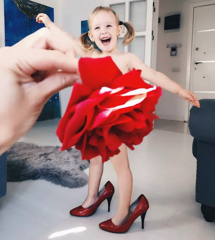 Mom "Dresses" Her Daughter In Food And Flowers Using Forced Perspective, Becomes Internet Star