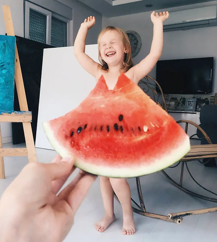 Esta madre "viste" a su hija con flores y comida usando la perspectiva forzada, y triunfa en internet