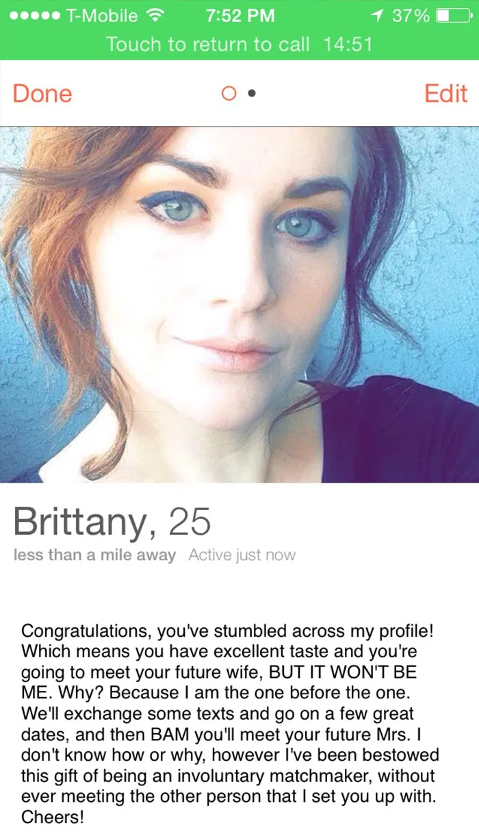 Funny Tinder profile with humorous bio about being an involuntary matchmaker.