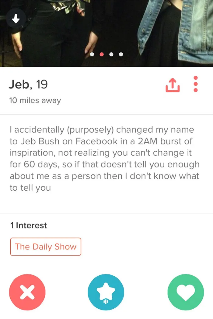 Funny Tinder profile of Jeb, 19, with a humorous bio about changing his Facebook name to Jeb Bush.