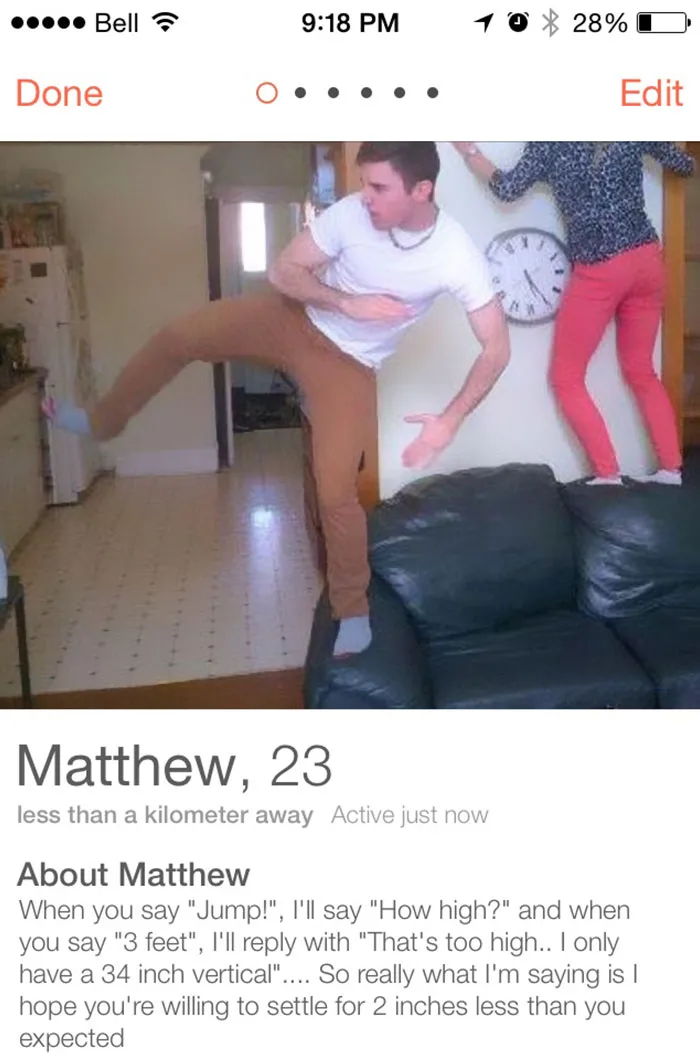 Man humorously posing mid-kick on a couch with a playful Tinder bio.