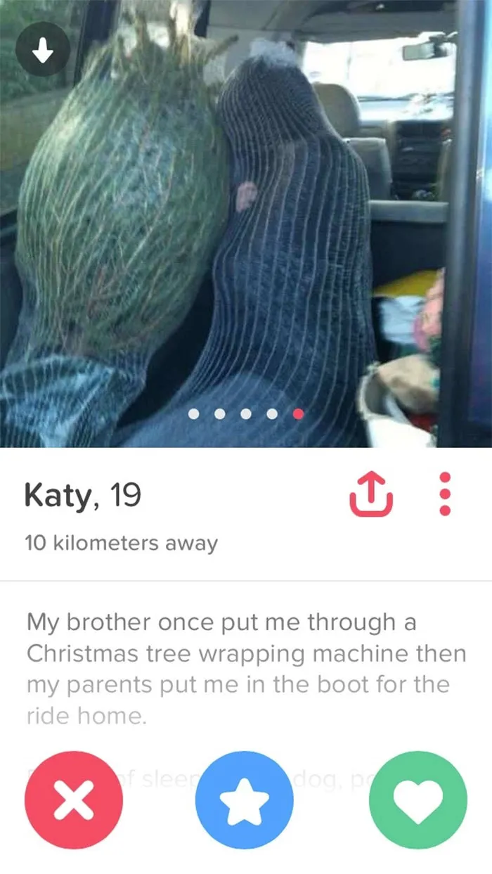 Funny Tinder profile with a person wrapped like a Christmas tree inside a car.