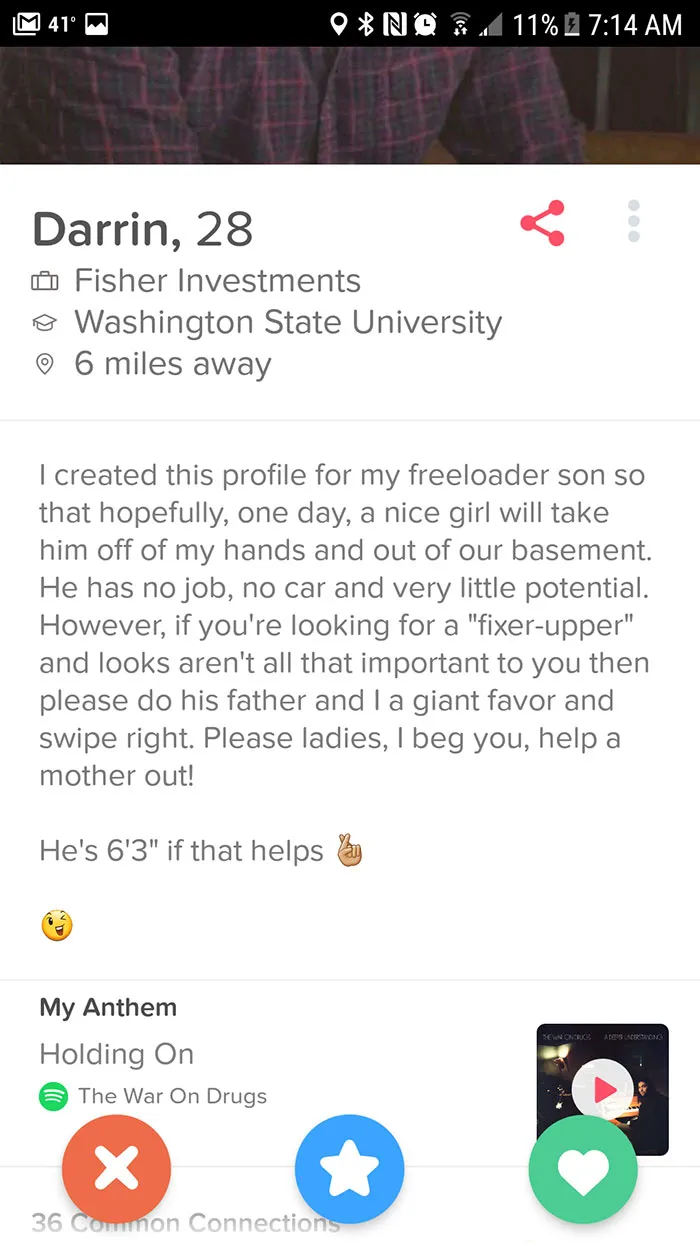 Funny Tinder profile with a witty bio from a mother, seeking matches for her son, adding comedic charm.