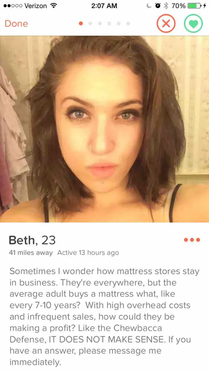Funny Tinder profile with humorous text about mattress store business logic.