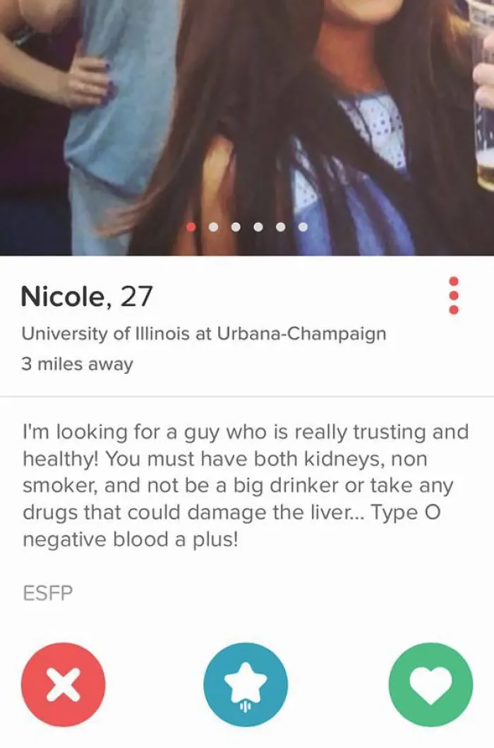 Funny Tinder profile showcasing humorous dating preferences and expectations.