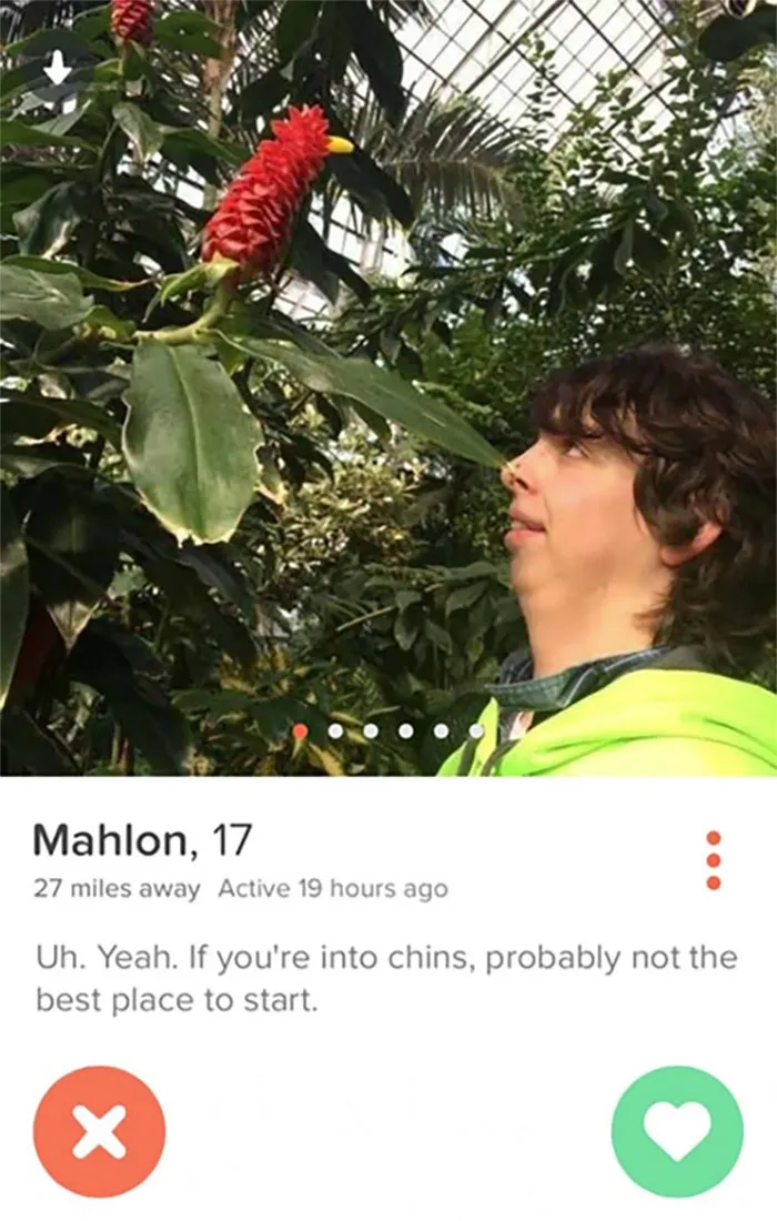 Funny Tinder profile with a person comparing their chin to a flower, creating a humorous look.