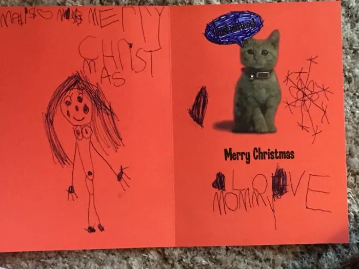 Tarjeta de navidad en la que me ha pintado mi hijo de 5 años