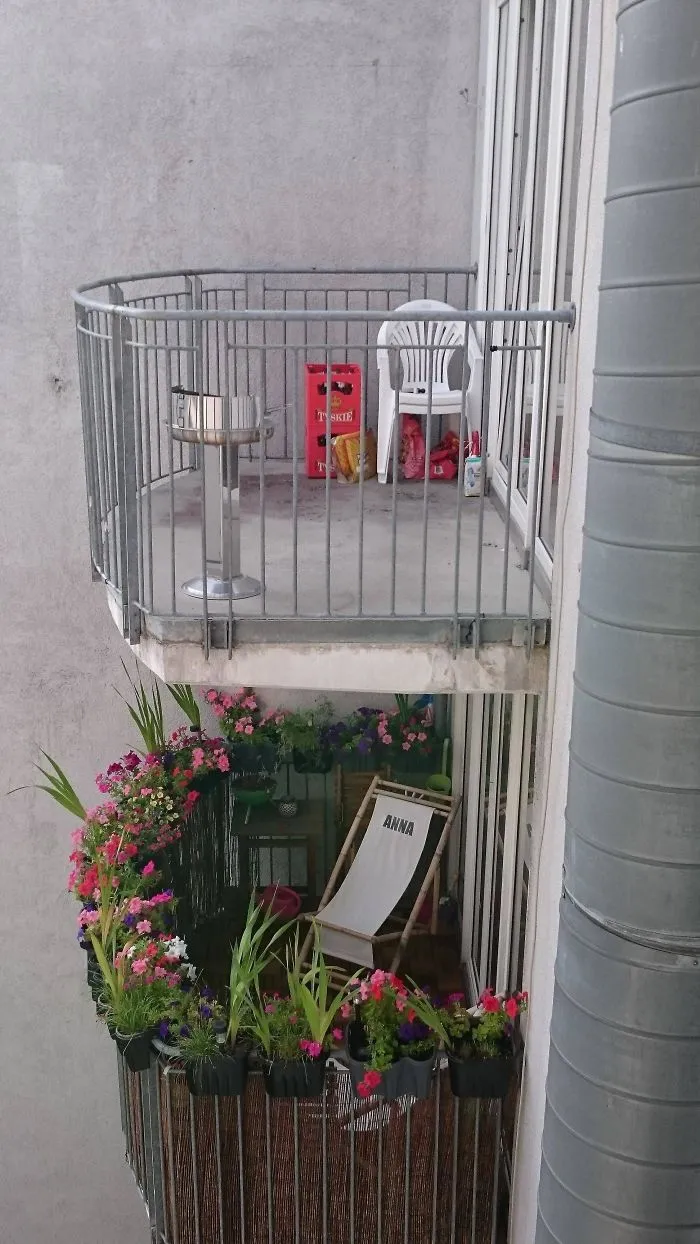 Top: My Apartment's Balcony (2 Guys). Bottom: Our Neighbor's Balcony (2 Girls)
