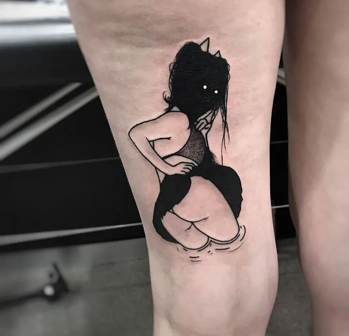 Tattoo of a faceless girl in black ink on the leg, slightly erotic design.