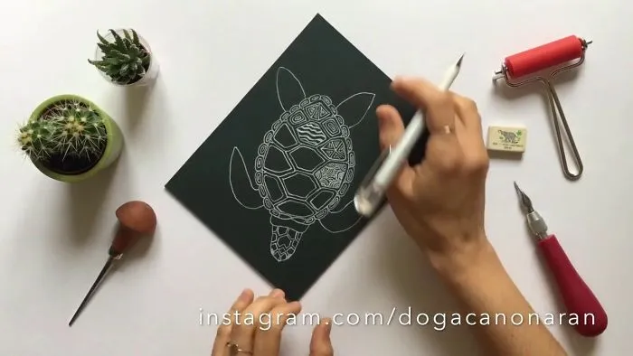 Curly Turtle Drawing On Linoleum