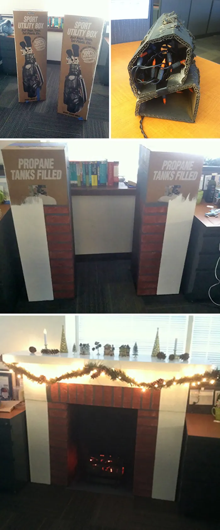 Hice una chimenea de cartón para mejorar el humor en el trabajo