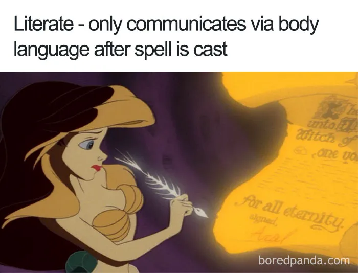 Cartoon logic example: character signing a contract with a quill, ironic body language message above.