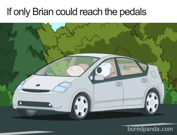 Cartoon logic example: dog at steering wheel, unable to reach pedals in a car.