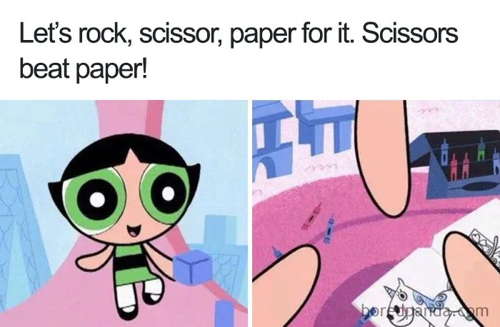 Cartoon logic example: character playing rock-paper-scissors, scissors beating paper illogically.