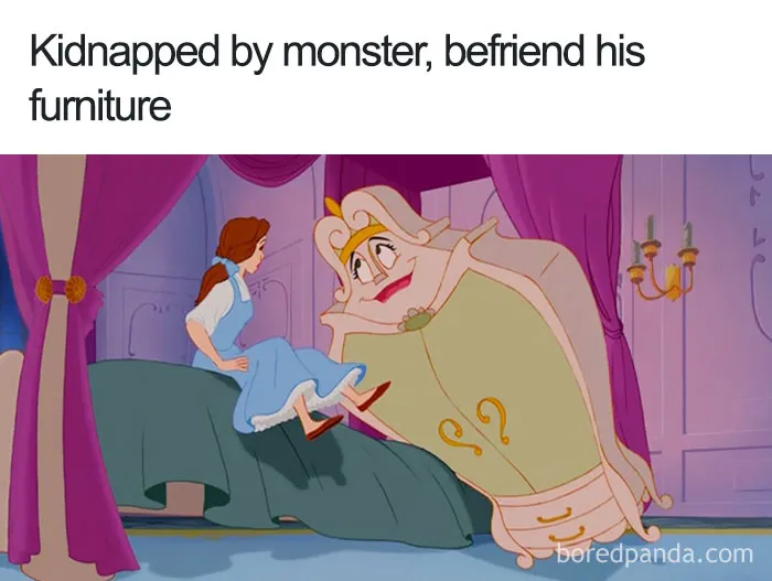 Cartoon logic: Woman befriends animated wardrobe in a magical room.
