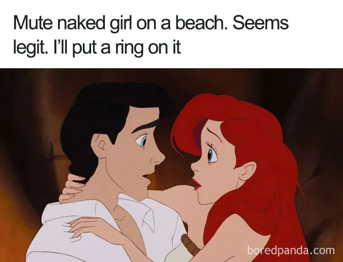 Two cartoon characters in an embrace with humorous text about cartoon logic.
