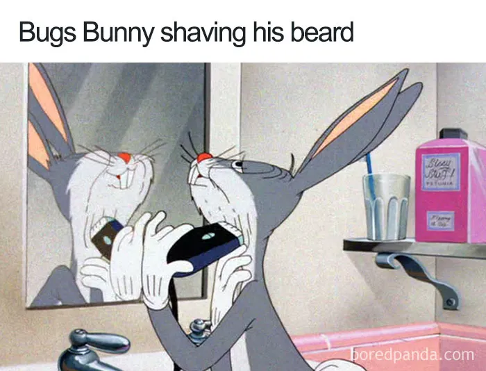 Cartoon logic example: Bugs Bunny shaving his beard with an electric razor in front of a mirror.