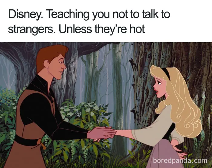 Cartoon logic example: Prince meets princess in a forest, illustrating the humor of talking to strangers if they're attractive.