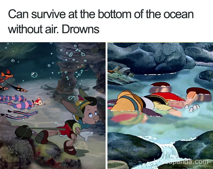 Cartoon logic: character walks underwater but drowns in a shallow puddle.