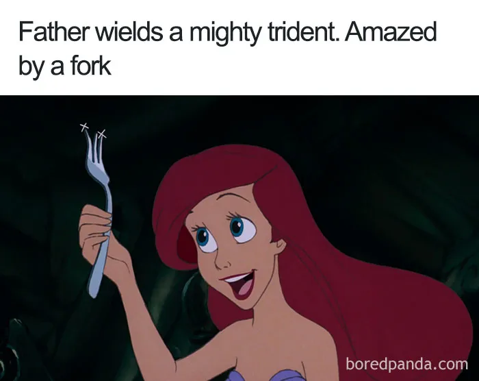 Cartoon character amazed by a fork, highlighting cartoon logic humor.