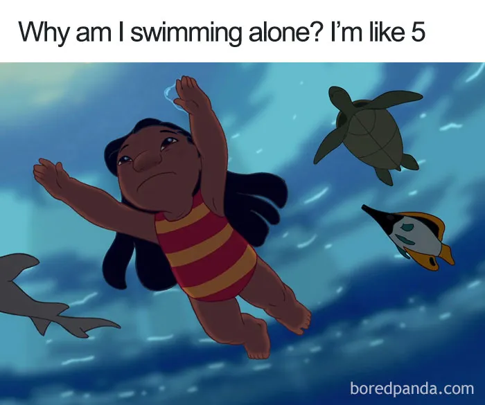 Child swimming with fish and a turtle, questioning cartoon logic humorously.