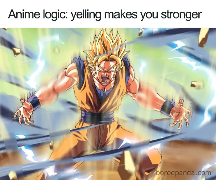 Anime character using cartoon logic, yelling to gain strength, surrounded by energy beams.