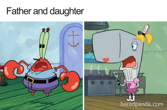 Cartoon logic example: a crab father and whale daughter in a humorous setting.